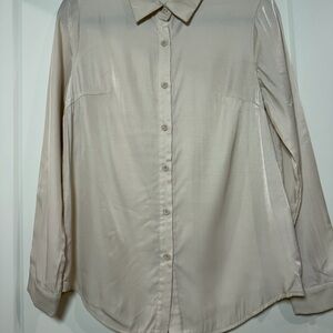 Beige Satin Button-Up Blouse | Long Sleeve Collared Shirt | Small